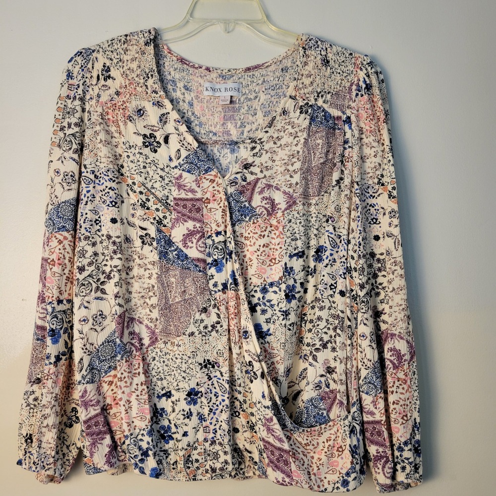 Knox Rose Womens Large Floral Paisley Patchwork Surplice Faux Wrap Blouse Cream